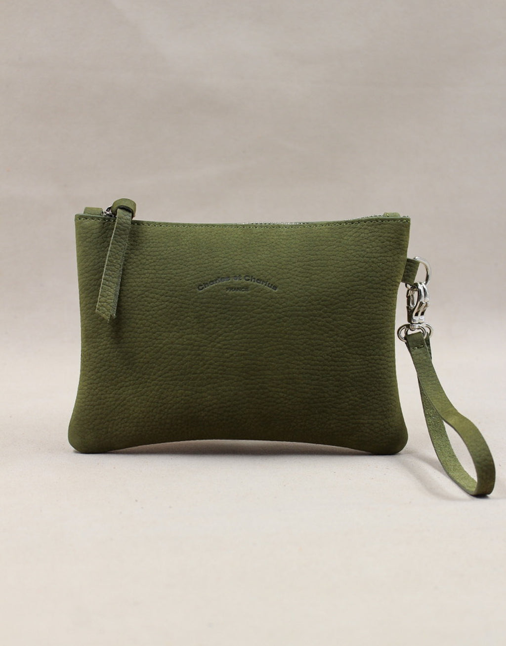 Trousse kaki en cuir nubuck, pochette française artisanale