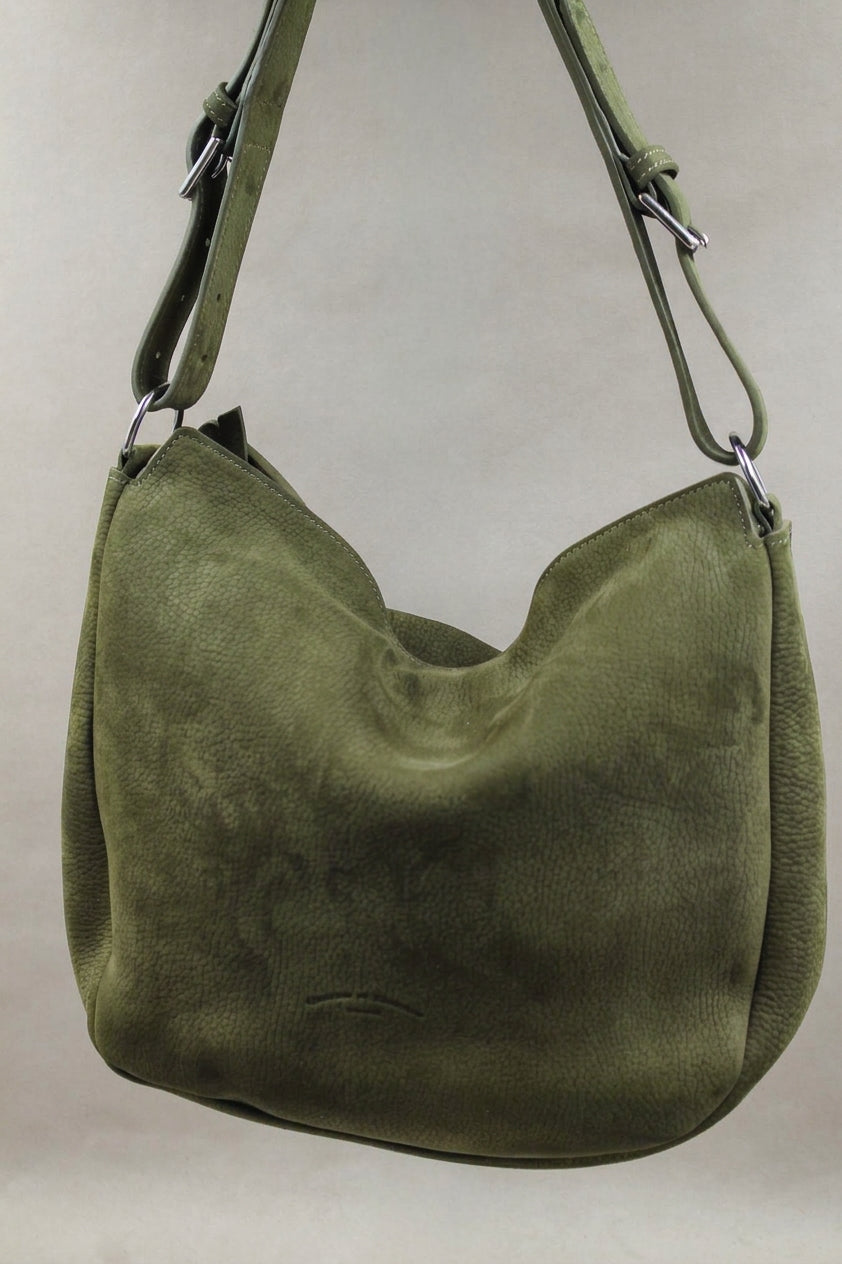 Grand sac cuir nubuck taurillon kaki maroquinerie française